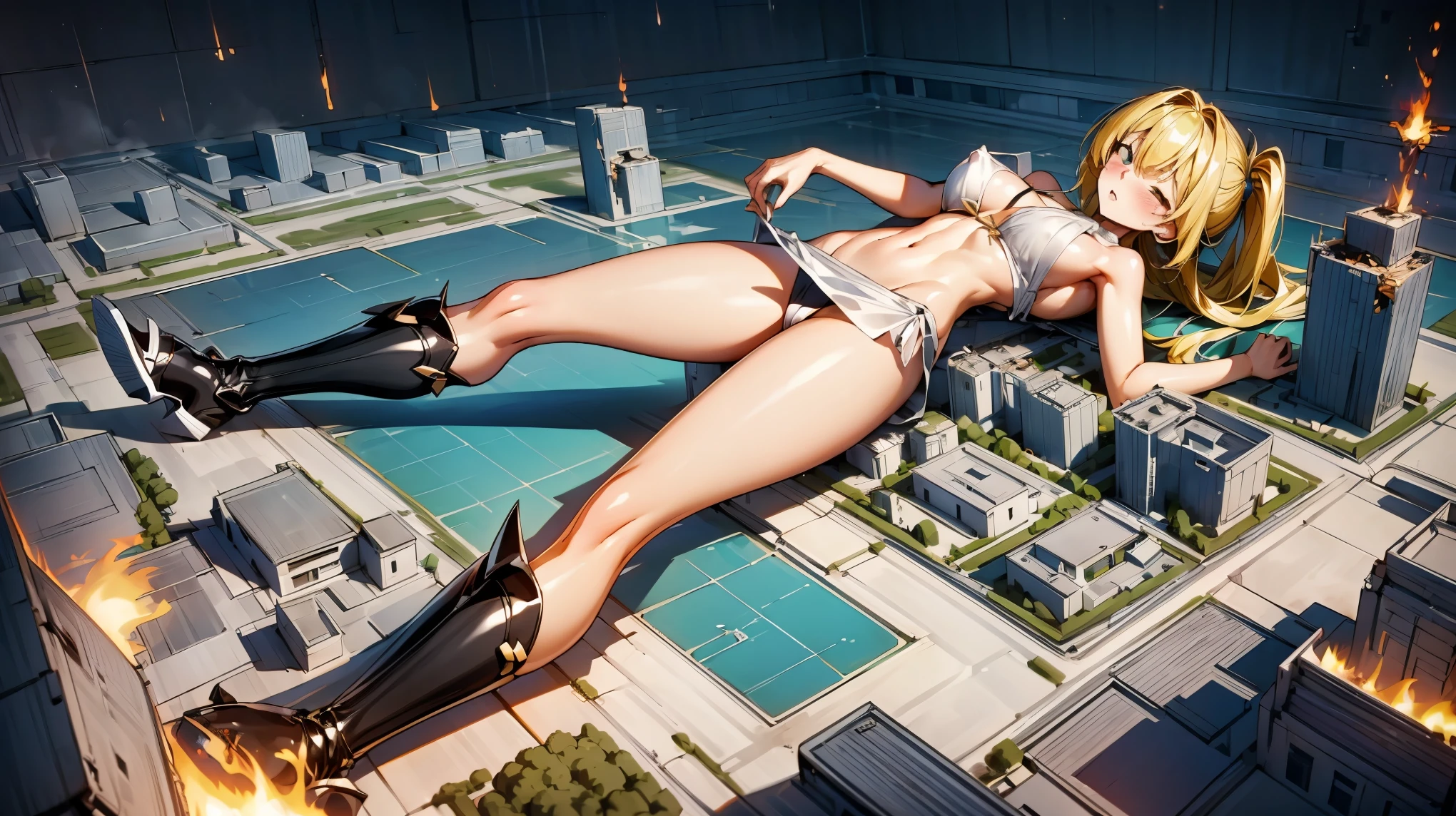 Giantess, long sexy legs, yellow hair, bikini,lying on top of destroyed buildings, city at her feet burns in flames for the destruction she has caused, tiny people climb on her body to try to defeat her uselessly. Giantess, goddess, macrophilia, curvaceous body, hentai, fetish, sexy legs, bikini, high heels, high quality, tiny people, people climbing body, giantess body, small people, crew of tiny people
