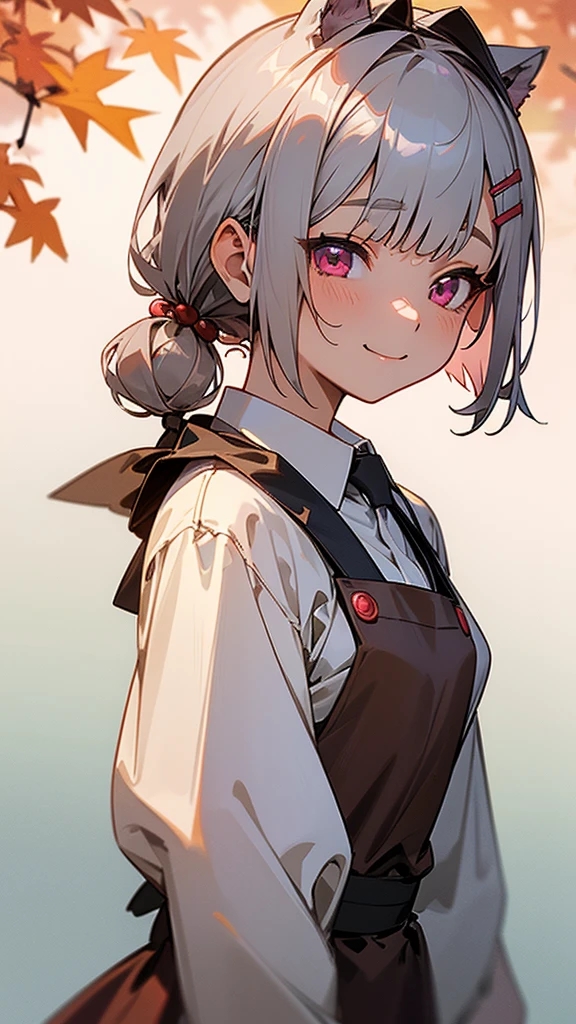 1 Girl、Anime style painting、Upper body close-up、From the side、Wicked Smile、Brown apron、Silver and bob short hairstyle、Tie your hair up with a hair clip、Pink Eyes、Perfect lighting、Autumnal leaves々、Momiji Park、Background Blur, Written boundary depth