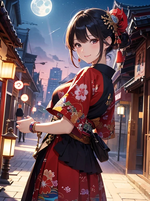 (Highest quality、masterpiece、High resolution、8K)、Vibrant colors、Japanese Nebuta Festival、Digital Art、City of night、One full moon、A Midsummer Night&#39;s Dream、Beautiful yukata、