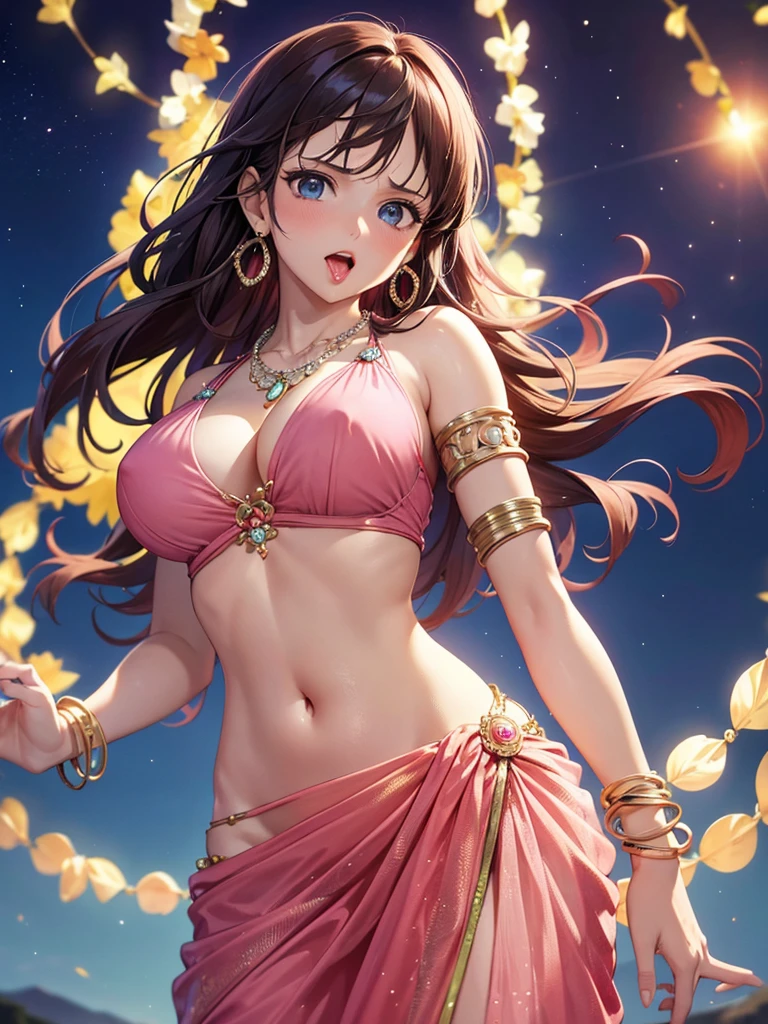 (absurderes, A high resolution, Ultra detailed, hdr), Masterpiece, Best quality, Indian  ,nami, extreme realistic very beautiful, animated style, full body shot, anime in a(((pink))) indian dress transparent (((saree))), head jewellery, necklace, earings, armlets, bangles and bracelets, rings, pleasant expression, natural beauty,night sky, vintage aesthetic,big breast,navel, cleavage ,standing ,open mouth,saliva,tongue out,face on front,drools,red lip,huge breast