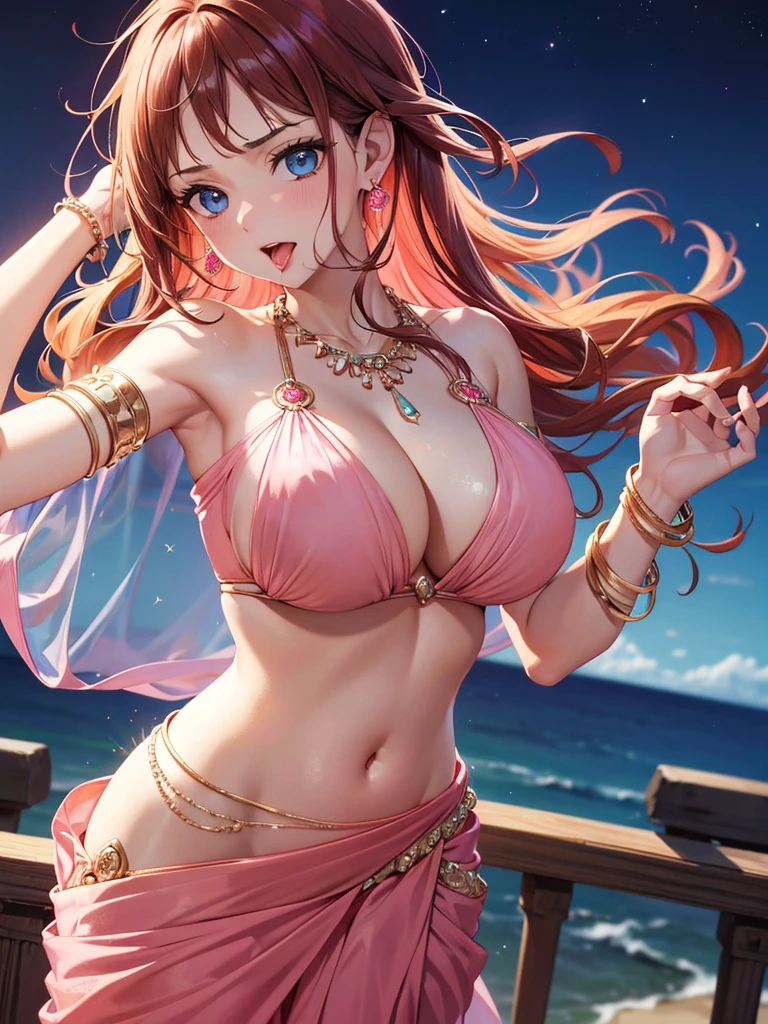 (absurderes, A high resolution, Ultra detailed, hdr), Masterpiece, Best quality, Indian  ,nami, extreme realistic very beautiful, animated style, full body shot, anime in a(((pink))) indian dress transparent (((saree))), head jewellery, necklace, earings, armlets, bangles and bracelets, rings, pleasant expression, natural beauty,night sky, vintage aesthetic,big breast,navel, cleavage ,standing ,open mouth,saliva,tongue out,face on front,drools,red lip,huge breast