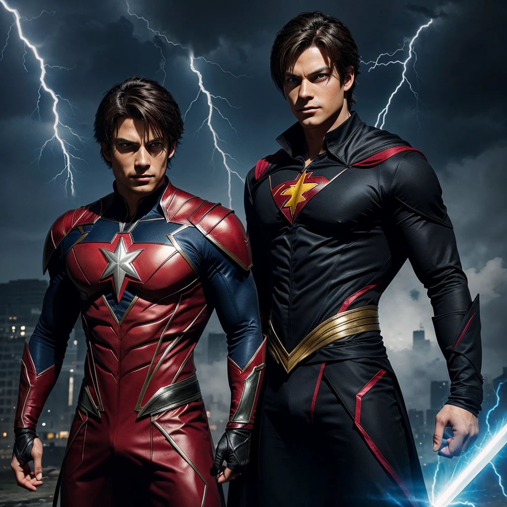 Create a man superhero suit with magic power and lightning power and flying power with a powerful sword and black and red combo suit and red eye suit like anime