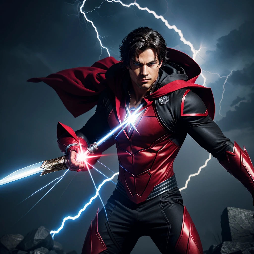 Create a man superhero suit with magic power and lightning power and flying power with a powerful sword and black and red combo suit and  red eye suit like anime 