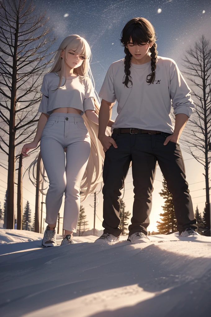 two young people, A young man and a young woman, both around 20 years old, the boy has long white hair and is wearing a white t-shirt and black pants, while the girl has long blond hair, beautiful breasts and is only wearing white shorts and a cropped top. They are supporting each other, tired. The environment around them is covered in snow and it is night.. It's night. ((anime styling))