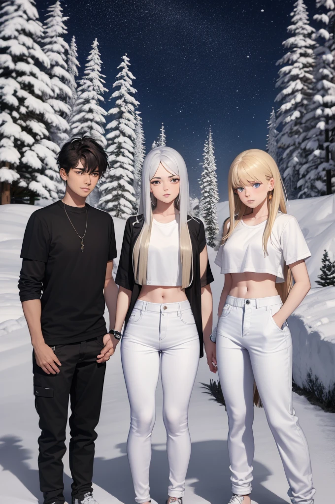 two young people, A young man and a young woman, both around 20 years old, the boy has long white hair and is wearing a white t-shirt and black pants, while the girl has long blond hair, beautiful breasts and is only wearing white shorts and a cropped top. They are supporting each other, tired. The environment around them is covered in snow and it is night.. It's night. ((anime styling))
