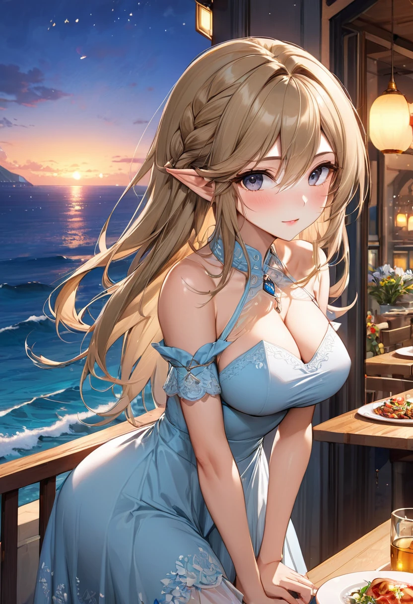 (beautiful body), (solo:2, 18 yo, straight bronde hair hair long hair cool girl, sexy make up face, big tits), (in a Elegant beautiful detailed Dress), break, in the evening Trattoria, background beautiful ocean, BREAK, perfect anatomy, masterpiece, best quality, 16k, beautiful detailed love, sexy, daydreaming expression.(link:1.5), legend of zelda, GS-womanly
