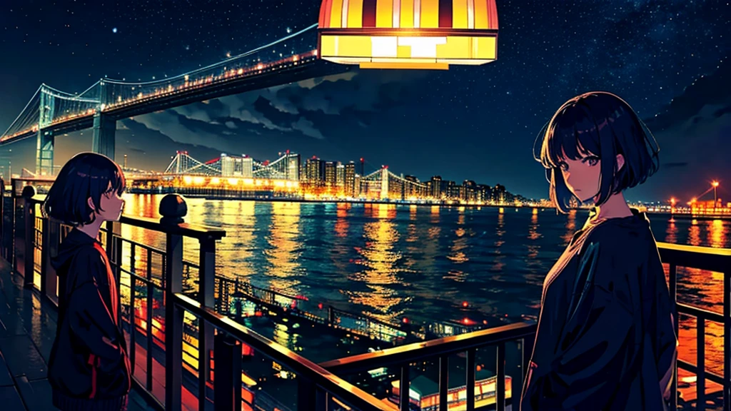 A woman looks at the seaside、night、Bay bridge、
