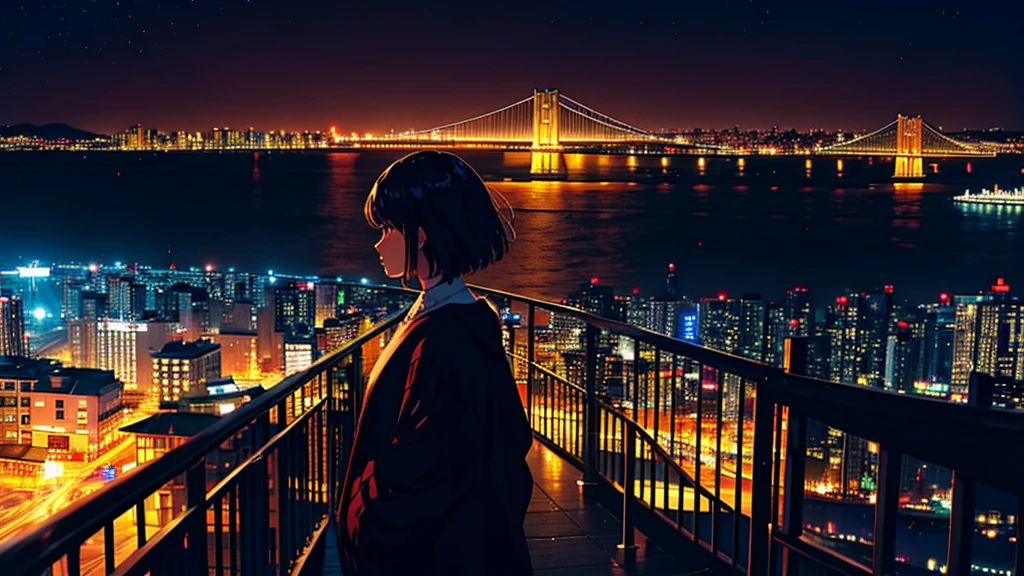 A woman looks at the seaside、night、Bay bridge、