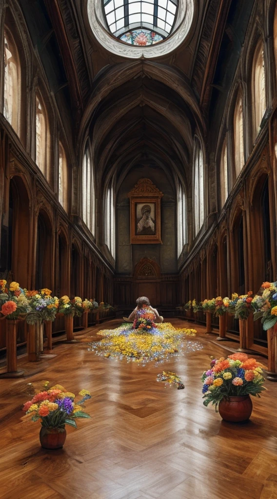 museum, the girl in the photo is picking flowers in the field, throws flowers from the picture on the floor, flowers fall out of the picture on the wall in the great hall of the museum