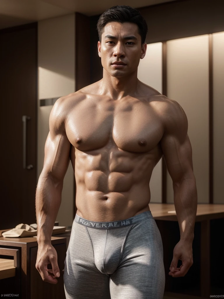1 man, nude asiatic man, tight underwear, erect, muscular male body, realistic, photorealistic, physically-based rendering, ultra-detailed, 8k, hyper-realistic, dramatic lighting, cinematic, dramatic pose, glowing skin, veiny muscular arms, chiseled abs, tight underwear bulge, strongly defined jawline, intense facial expression, textured skin, detailed facial features, (best quality,4k,8k,highres,masterpiece:1.2),ultra-detailed,(realistic,photorealistic,photo-realistic:1.37)