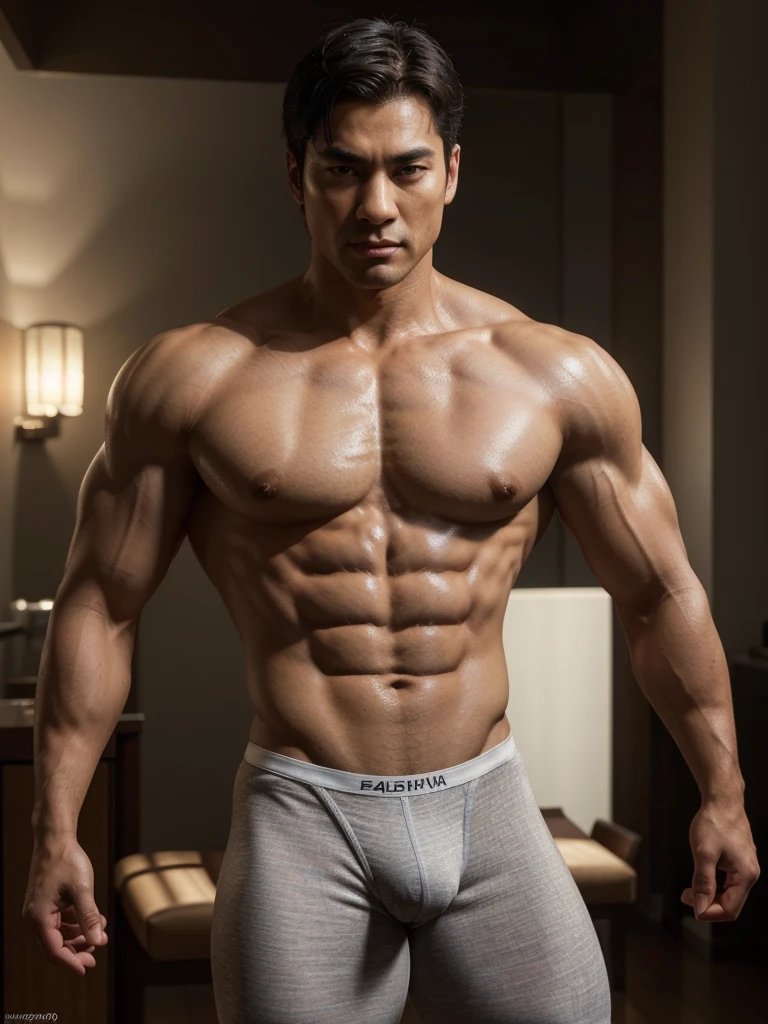 1 man, nude asiatic man, tight underwear, erect, muscular male body, realistic, photorealistic, physically-based rendering, ultra-detailed, 8k, hyper-realistic, dramatic lighting, cinematic, dramatic pose, glowing skin, veiny muscular arms, chiseled abs, tight underwear bulge, strongly defined jawline, intense facial expression, textured skin, detailed facial features, (best quality,4k,8k,highres,masterpiece:1.2),ultra-detailed,(realistic,photorealistic,photo-realistic:1.37)