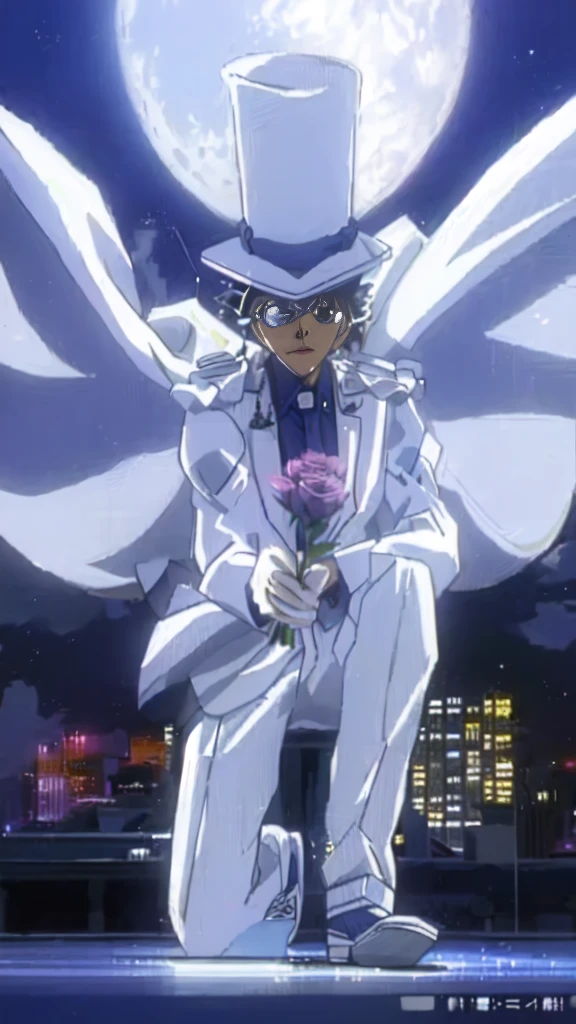 Highest quality、Highest quality with wings and a top hat、Anime characters holding roses, In a flowing white tailcoat, Shinji, shinichi sakamoto, Dynamic Leadership Style, safebooru anime images, White Fox Anime, leiji matsumoto, what are you doing?, 80s anime has this style, 1990s anime, 1990s anime