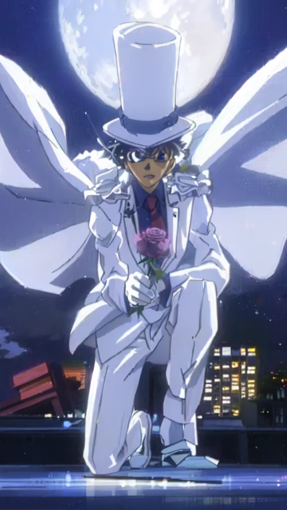 Highest quality、Highest quality with wings and a top hat、Anime characters holding roses, In a flowing white tailcoat, Shinji, shinichi sakamoto, Dynamic Leadership Style, safebooru anime images, White Fox Anime, leiji matsumoto, what are you doing?, 80s anime has this style, 1990s anime, 1990s anime