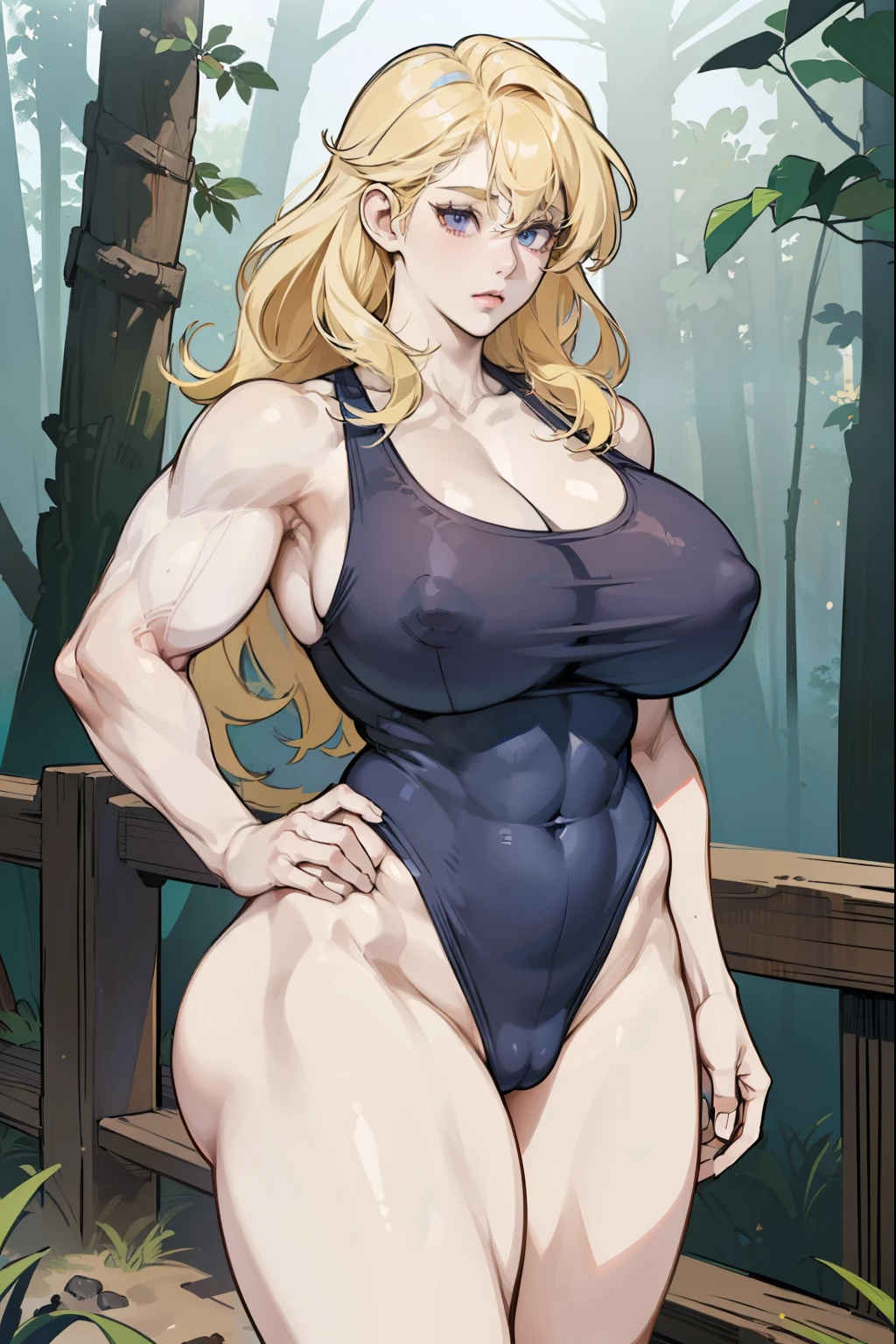 (((((One girl with pure white skin, Muscular))))), ((Thick thighs, Very large breasts,、Strong body、), Blonde curly hair, alone, Glowing Skin, It was foggy, ,Bridge pier, Bristles,Are standing、Big body women、naked,Strong body、pubic hair,Muscular in the forest,Composition from the front,Muscular and wide hips,Muscular and wide torso,A muscular, wide body,Thick, muscular arms,Thick, muscular legs,Muscular and broad shoulders,Bodybuilder,nakedの美しい女性,Large Breasts,Long and saggy breasts,,Deep purple eyes,Woman with beautiful face,Expressionless,,,Strong Woman,Directly in front of the viewer,,Muscular女性,Big body with broad shoulders,Thick Women,naked,sexy,Standing in front,全naked,A woman standing directly in front,真っ直ぐにAre standing,Masculine woman,Tank Top Swimsuit,Lady