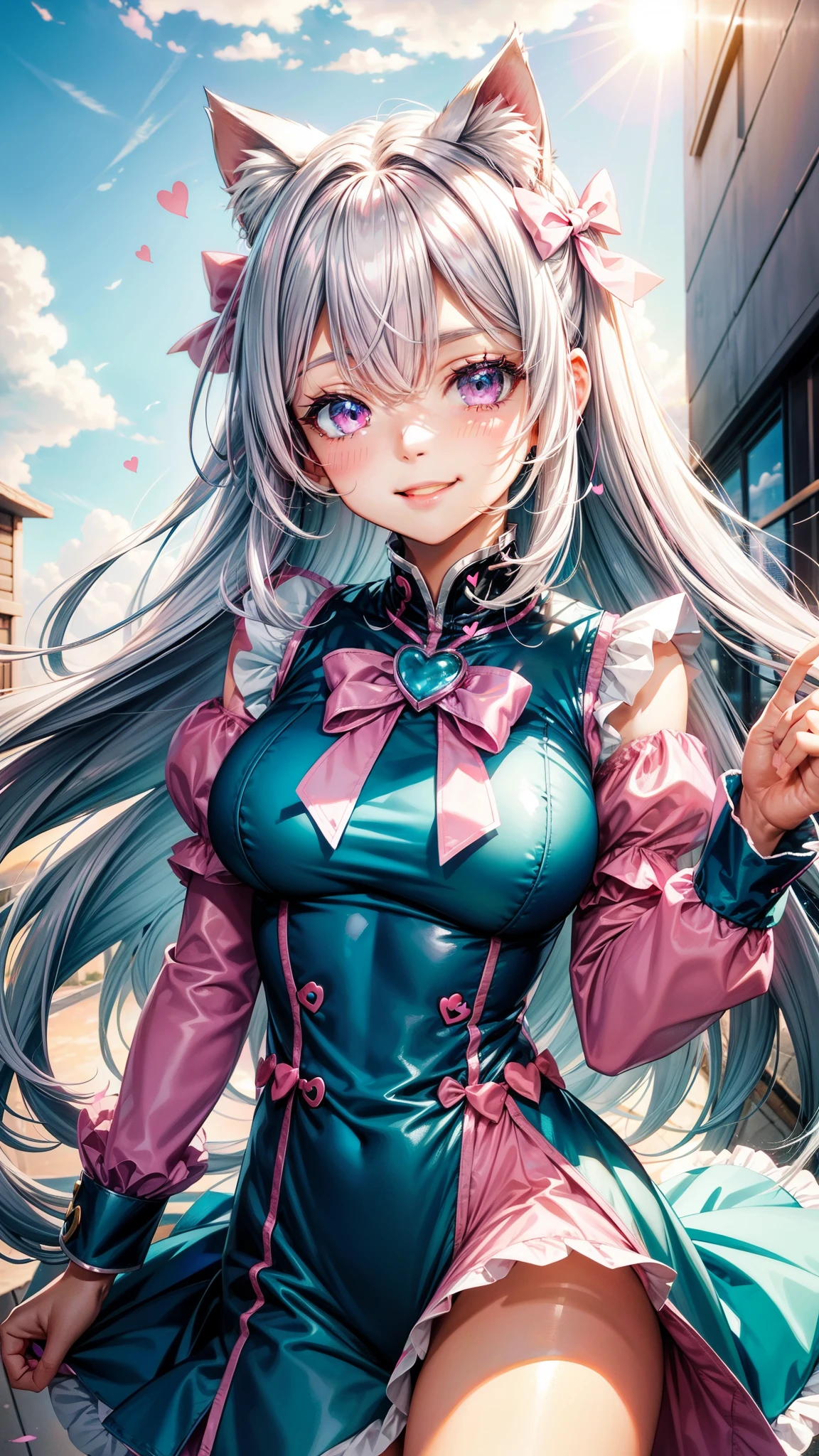 Silver hair, pink eyes, woman, sun and cloud background, teal and pink clothes, hair bows, happy face, sexy uniform outfit, sexy, cat ears, hearts, floating hearts, long thick hair, smiling face