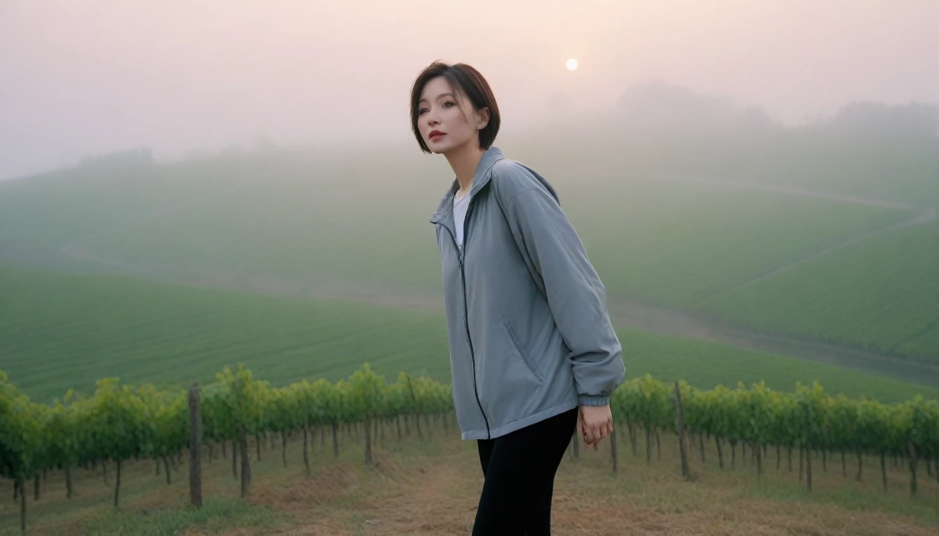 beautiful scenery, 8K Top Quality, Vivid picture quality, 1 woman, Beautiful 46-year-old Korean woman, slight wrinkles around the eyes, Chest size 34 inches, Model-level beautiful woman, italian countryside dawn, vineyard, The cathedral can be seen in the distance in a thick fog.. Red sunshine, The background is realistic and vivid quality.., short medium bob hair, Gray t-shirt that goes up to the neck, Luxury brand windbreaker jacket, Perfect and realistic photos, The background is realistic.. Full body shot with Canon camera 16-35 wide angle lens, expressionless, Climbing a hill covered in thick fog, walking towards the front camera