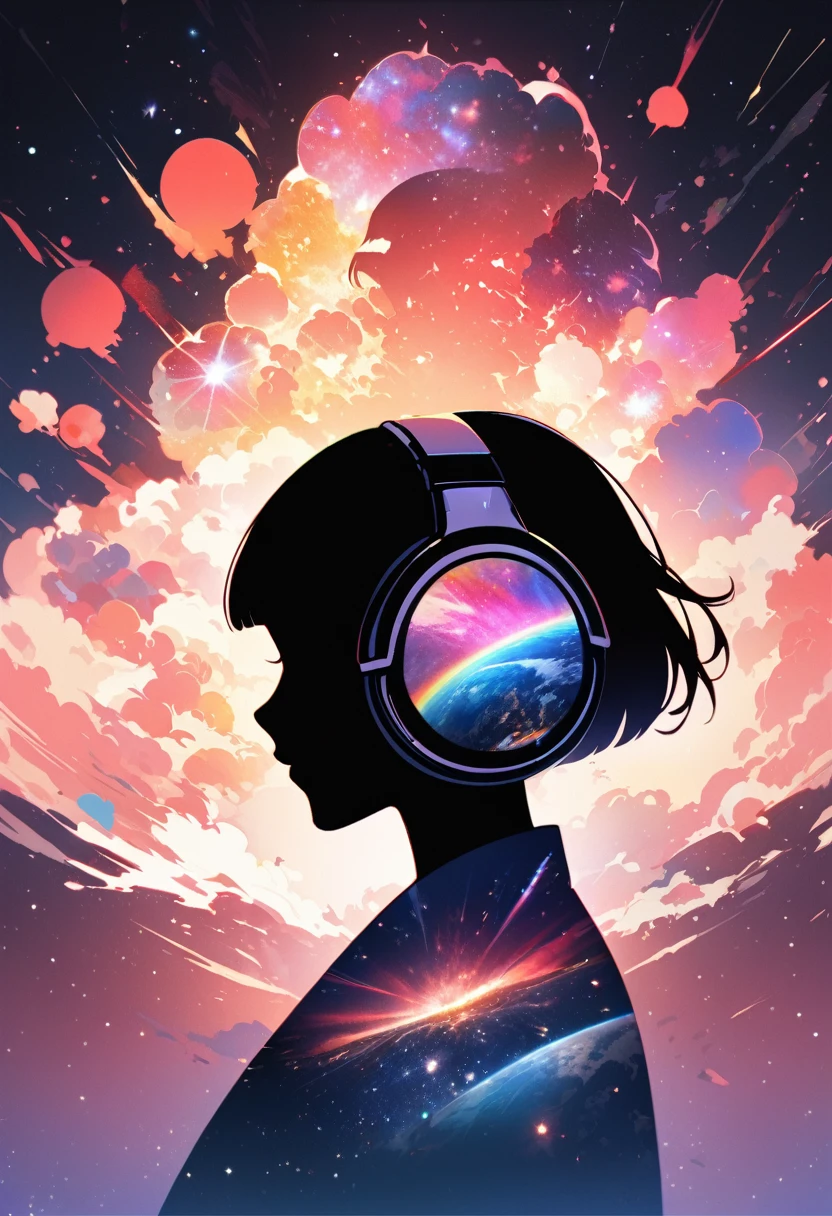 Profile of a woman silhouette.(Super Short Hair:1.3), Blunt bangs, (Headphones:1.3), Inside the silhouette you can see the Double exposure with a universe, Deep Universe, Supernova explosion, masterpiece, ((Double exposure)), Proportional.,Double exposure