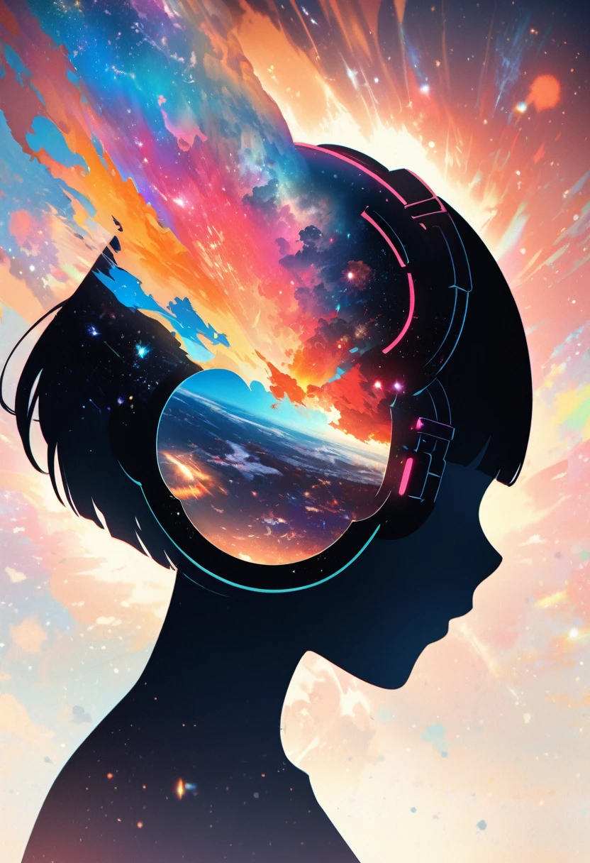 Profile of a woman silhouette.(Super Short Hair:1.3), Blunt bangs,  (Headphones:1.3), Inside the silhouette you can see the Double exposure with a universe, Deep Universe, Supernova explosion, masterpiece, ((Double exposure)), Proportional.,Double exposure

