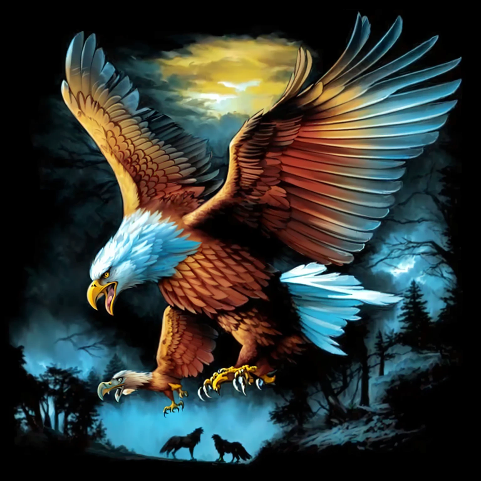 a painting of an eagle flying over a forest with a wolf, an eagle, eagle wings, eagle, a full-color airbrushed, an eagle flying, with an eagle emblem, by Joe Jusko, inspired by Joe Jusko, eagles, inspired by Alex Horley, eagle logo, by Ron Walotsky, by Alex Horley-Orlandelli