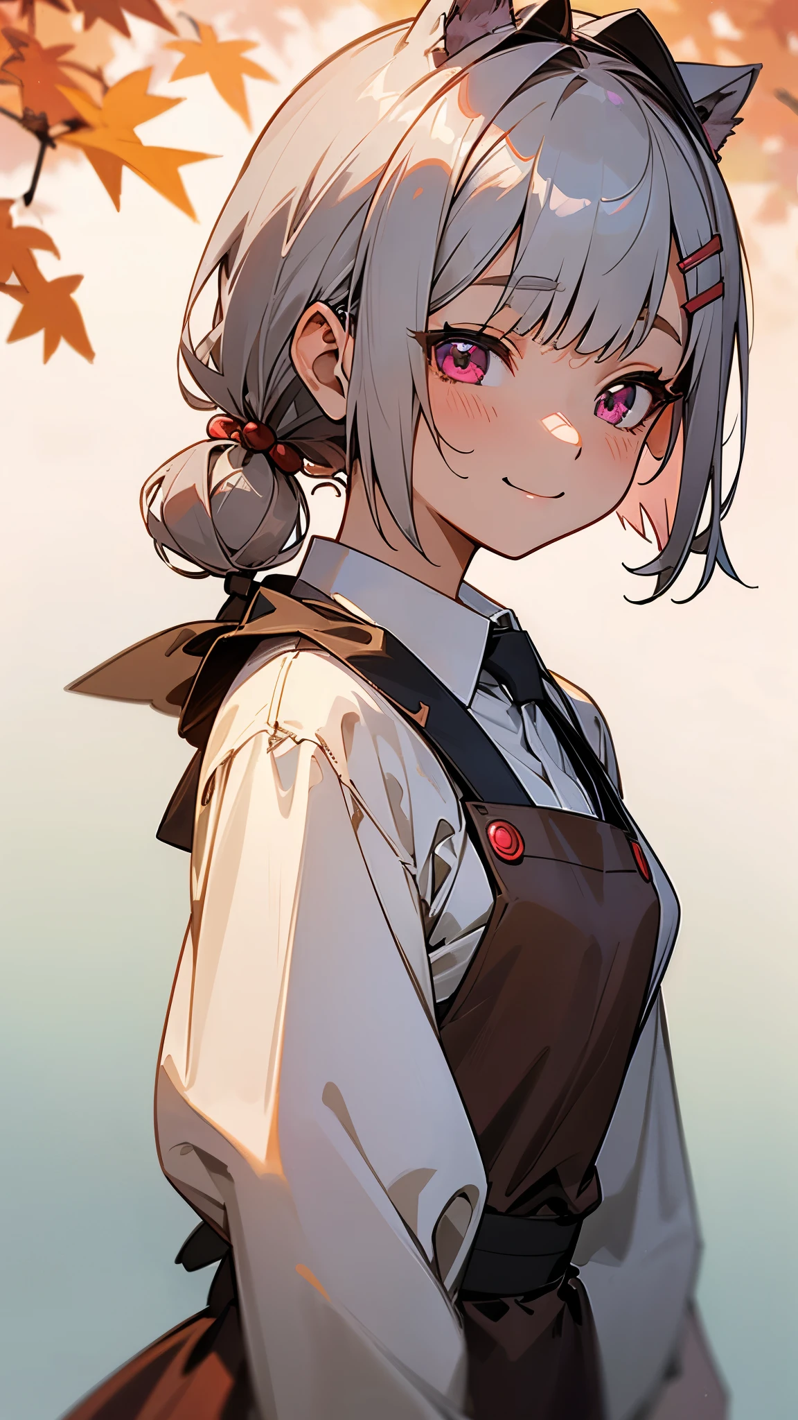 1 Girl、Anime style painting、Upper body close-up、From the side、Wicked Smile、Brown apron、Silver and bob short hairstyle、Tie your hair up with a hair clip、Pink Eyes、Perfect lighting、Autumnal leaves々、Momiji Park、Background Blur, Written boundary depth