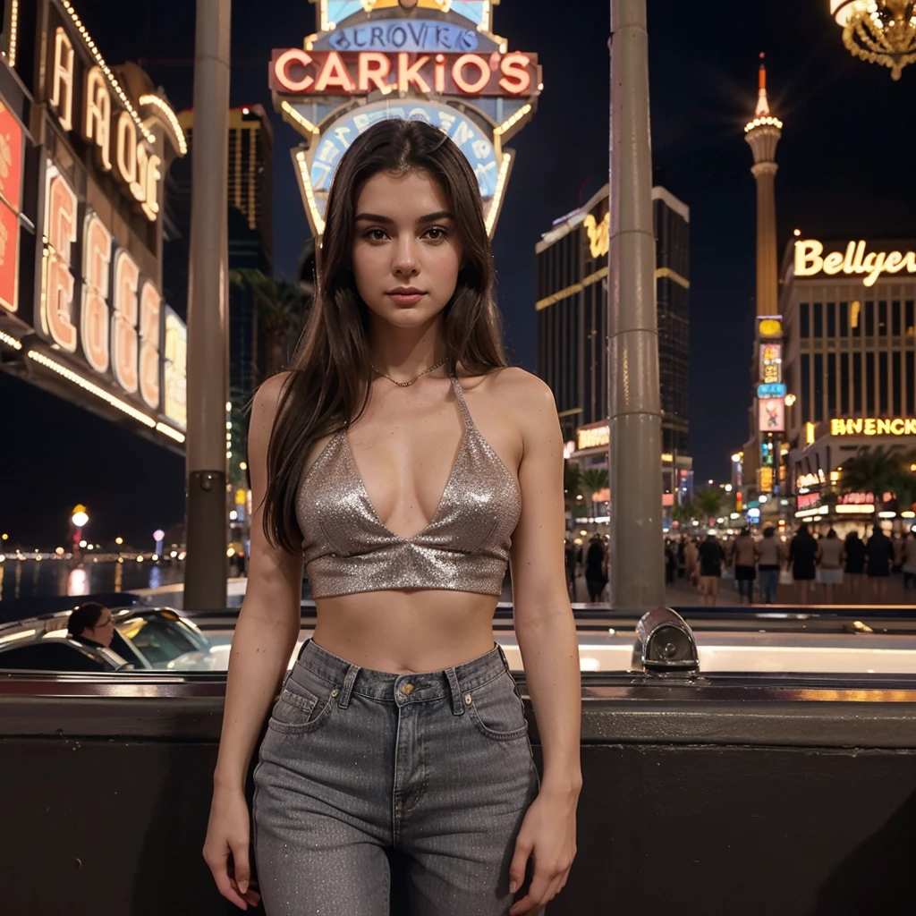 her name is Elle, high quality, 1girl, ((20-year-old fit Caucasian woman)), ((20 years old)), ((fit)), ((pale skin)), short length straight dark hair , wearing Grey Halter Neck Crop Top + High-Waisted Wide-Leg Jeans, pose: standing, background: Capture the bustling ambiance of the Las Vegas Strip, with its glittering casinos, iconic landmarks like the Bellagio fountains, and crowds of tourists enjoying the vibrant nightlife.
