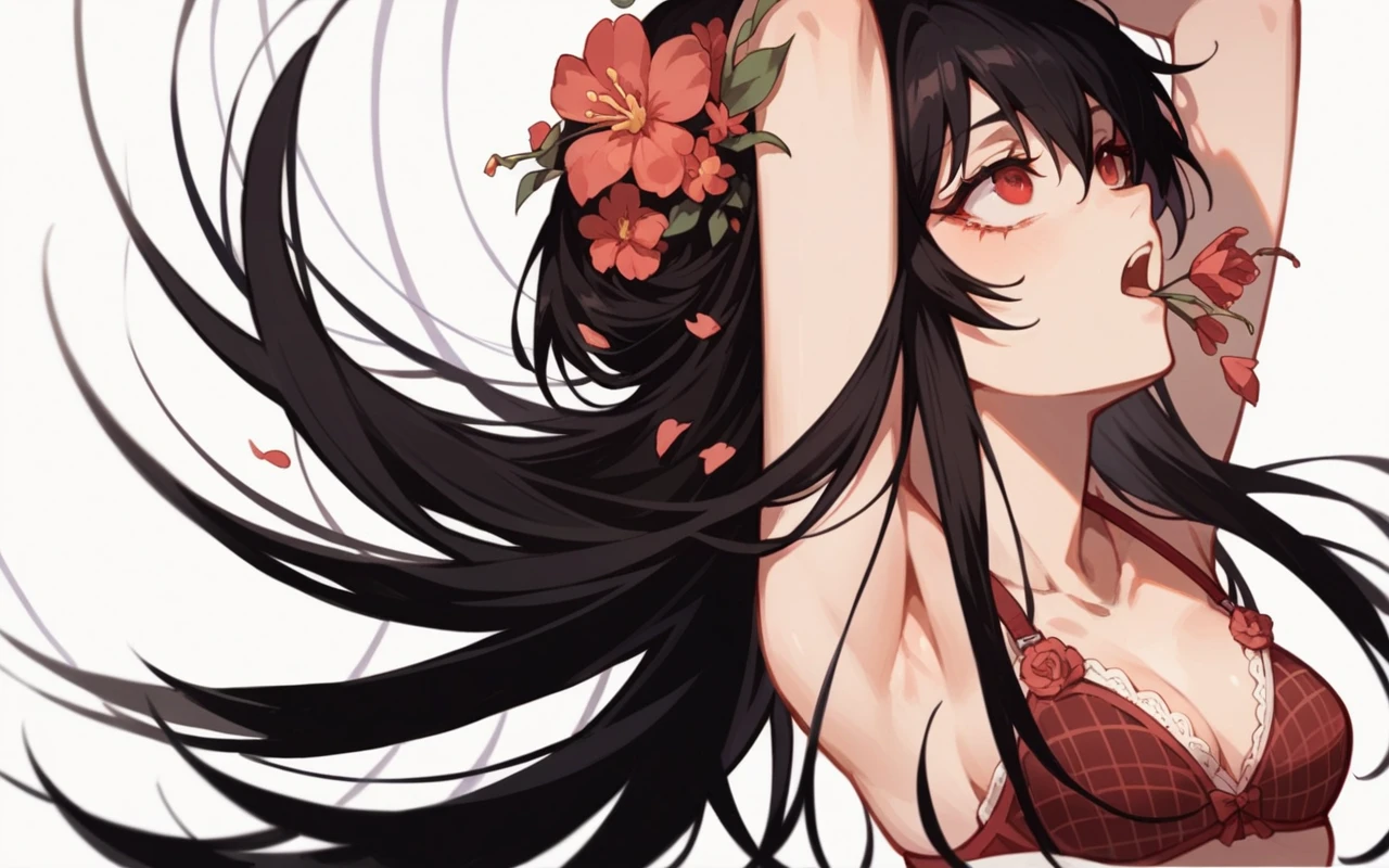 NSFW, Illustration of a young woman with long black hair, vibrant red eyes and a flower in the mouth. She is wearing a frilly purple plaid bra and a matching headband.. Her hair is flowing dramatically around her and she is looking up. Anime to reality