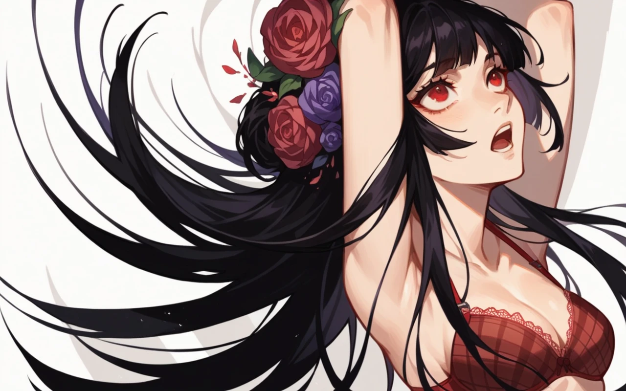 NSFW, Illustration of a young woman with long black hair, vibrant red eyes and a flower in the mouth. She is wearing a frilly purple plaid bra and a matching headband.. Her hair is flowing dramatically around her and she is looking up. Anime to reality