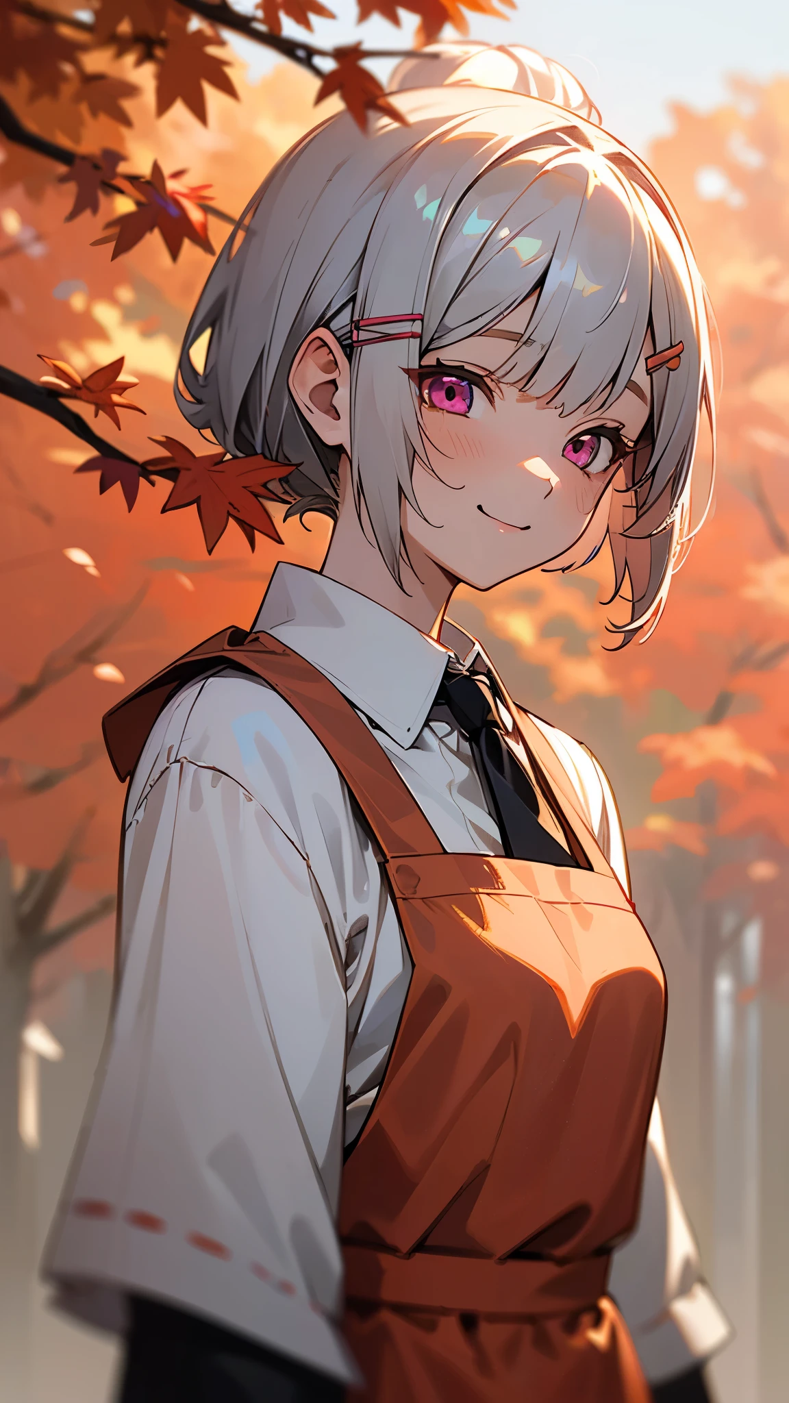 1 Girl、Anime style painting、Upper body close-up、From the side、Wicked Smile、Brown apron、Silver and bob short hairstyle、Tie your hair up with a hair clip、Pink Eyes、Perfect lighting、Autumnal leaves々、Momiji Park、Background Blur, Written boundary depth
