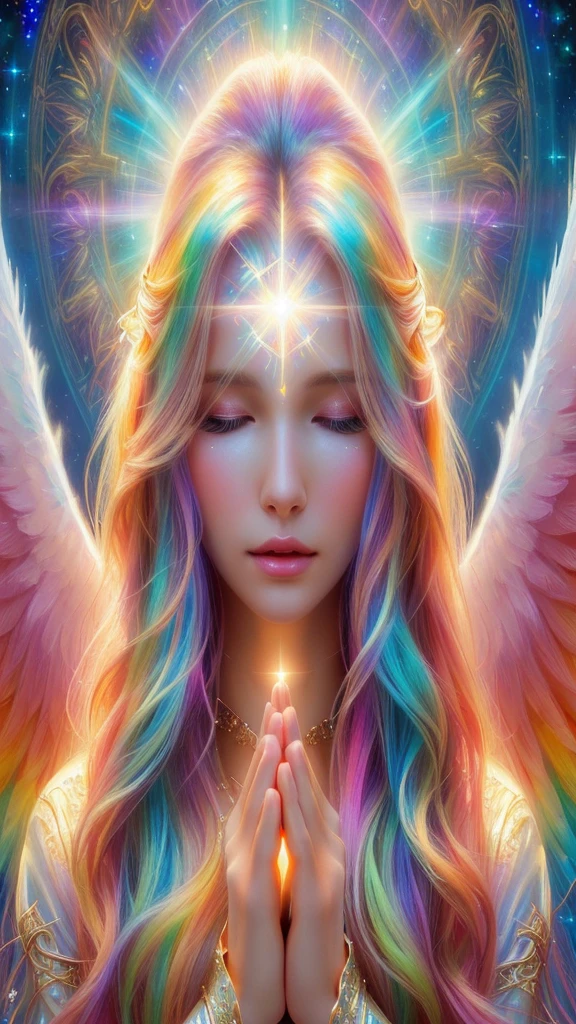A woman with long hair and angel wings is praying, A shining angelic presence, An angel of light, Beautiful angel, of Beautiful angel, Angelic Spirit Guidance, Angel Light, Beautiful woman angel, portrait of a Beautiful angel, So colorful and heavenly, Colorful digital fantasy art, Channeling mystical energy, of an Beautiful angel girl, Elven angel meditating in space