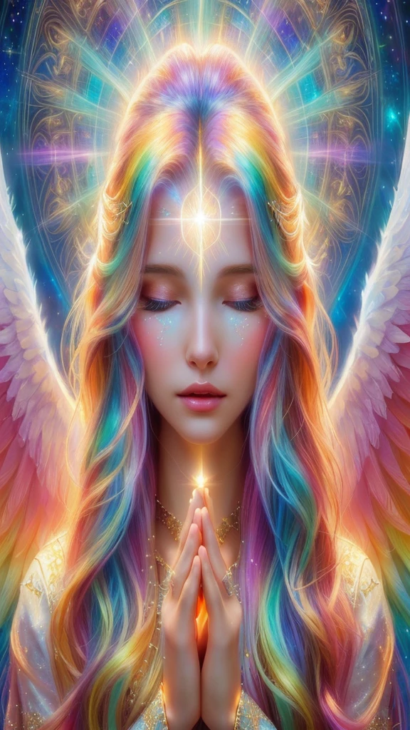 A woman with long hair and angel wings is praying, A shining angelic presence, An angel of light, Beautiful angel, of Beautiful angel, Angelic Spirit Guidance, Angel Light, Beautiful woman angel, portrait of a Beautiful angel, So colorful and heavenly, Colorful digital fantasy art, Channeling mystical energy, of an Beautiful angel girl, Elven angel meditating in space