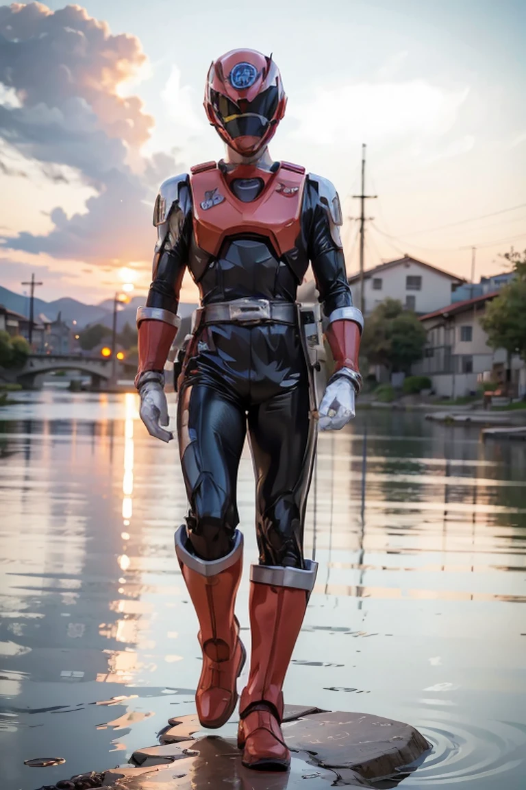 The sunset flies with the lonely geese in the distance, and the autumn river water and the vast sky are connected, icons,1boy, full body, Illustration, cinematic light, high resolution, best quality, ultra detailed, masterpiece, power suit, powerranger, suit, spd, (silver ranger suit), gold detail