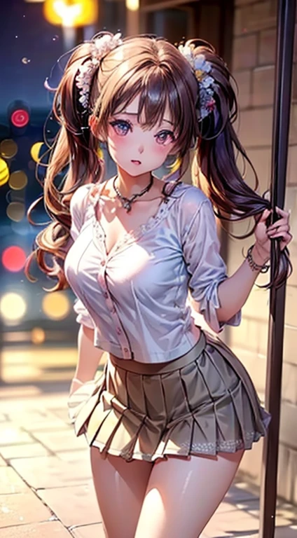 ((One Girl)), (Twin tails), Brown Hair, Great face and eyes, Pink Eyes, (Amazingly beautiful girl), Brown Hair, (High , Pleated mini skirt:1.5), ((Highest quality)), (Super detailed), (Very detailed CG 統合 8k 壁紙), Very detailed, High-resolution RAW color photos, Professional photography, (((Bokeh))), Depth of written boundary,
