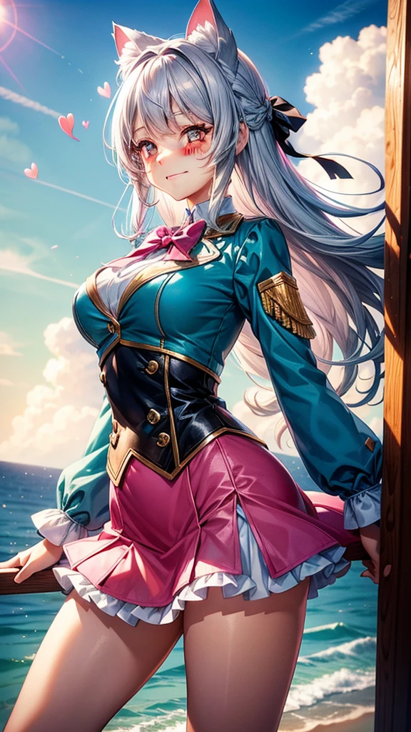 Silver hair, brown eyes, woman, sun and cloud background, teal and pink clothes, hair bows, sexy uniform outfit, sexy, cat ears, hearts, floating hearts, long thick hair, smiling face