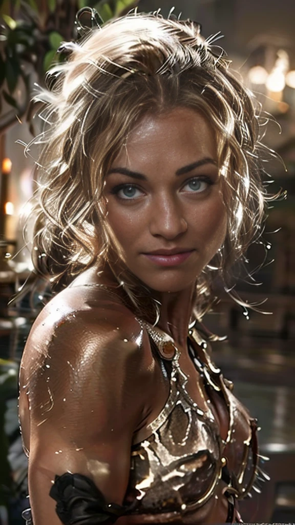 Full length portrait of a woman, her hair color is dark, her hair is loose and moving, her face is beautiful. she is in an office setting completely nude. Her face resembles Susan Ward, bright blue eyes, fit athletic and curvy body, and her 36D and slightly saggy breasts and nipples are on full display. 45% of breast is above the nipple.