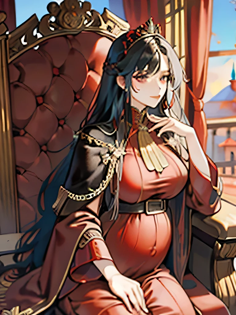 Queen，red，Majesty，Golden crown，long black hair，Western style palace，Overlooking，red velvet cloak，red black silk dress，Queen Clothing，throne，Adults, pregnant, big belly bump, large breasts.
