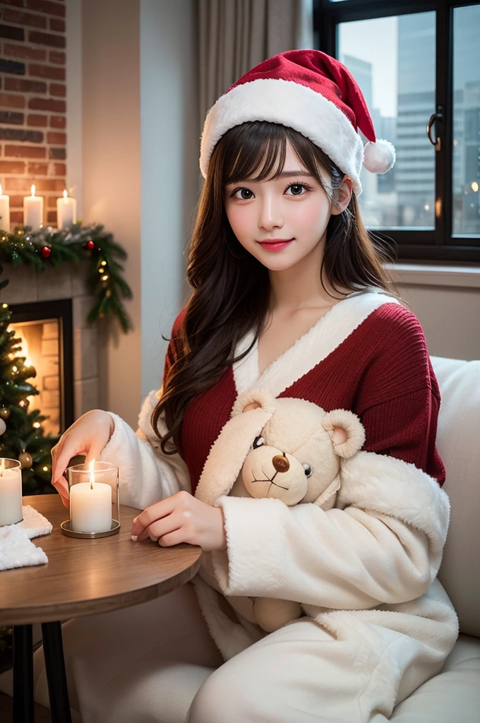 (1girl:1.3), (Extremely cute, Amazing face and eyes), solo, realistic, santa hat, christmas, long hair, fire, long sleeves, red sweater, smile, christmas tree, scenery, fireplace, window, couch, table, indoors, cityscape, christmas lights, christmas ornaments, building, night, chair, city, carpet, lamp, rug, city lights, snowing, stuffed toy, curtains, candle, gift box, stuffed animal, snow, cup, pillow, instrument, skyscraper, sky, teddy bear, cushion, (Best Quality:1.4), photo realistic, raw photos, professional photograpy, focus on girls face,