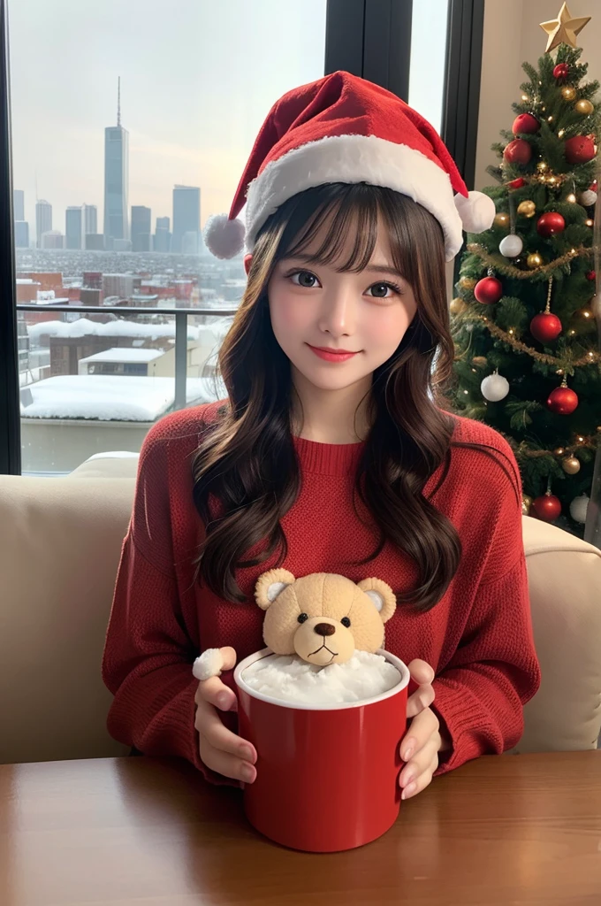 (1girl:1.3), (Extremely cute, Amazing face and eyes), solo, realistic, santa hat, christmas, long hair, fire, long sleeves, red sweater, smile, christmas tree, scenery, fireplace, window, couch, table, indoors, cityscape, christmas lights, christmas ornaments, building, night, chair, city, carpet, lamp, rug, city lights, snowing, stuffed toy, curtains, candle, gift box, stuffed animal, snow, cup, pillow, instrument, skyscraper, sky, teddy bear, cushion, (Best Quality:1.4), photo realistic, raw photos, professional photograpy, focus on girls face,