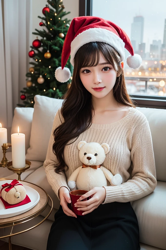 (1girl:1.3), (Extremely cute, Amazing face and eyes), solo, realistic, santa hat, christmas, long hair, fire, long sleeves, red sweater, smile, christmas tree, scenery, fireplace, window, couch, table, indoors, cityscape, christmas lights, christmas ornaments, building, night, chair, city, carpet, lamp, rug, city lights, snowing, stuffed toy, curtains, candle, gift box, stuffed animal, snow, cup, pillow, instrument, skyscraper, sky, teddy bear, cushion, (Best Quality:1.4), photo realistic, raw photos, professional photograpy, focus on girls face,