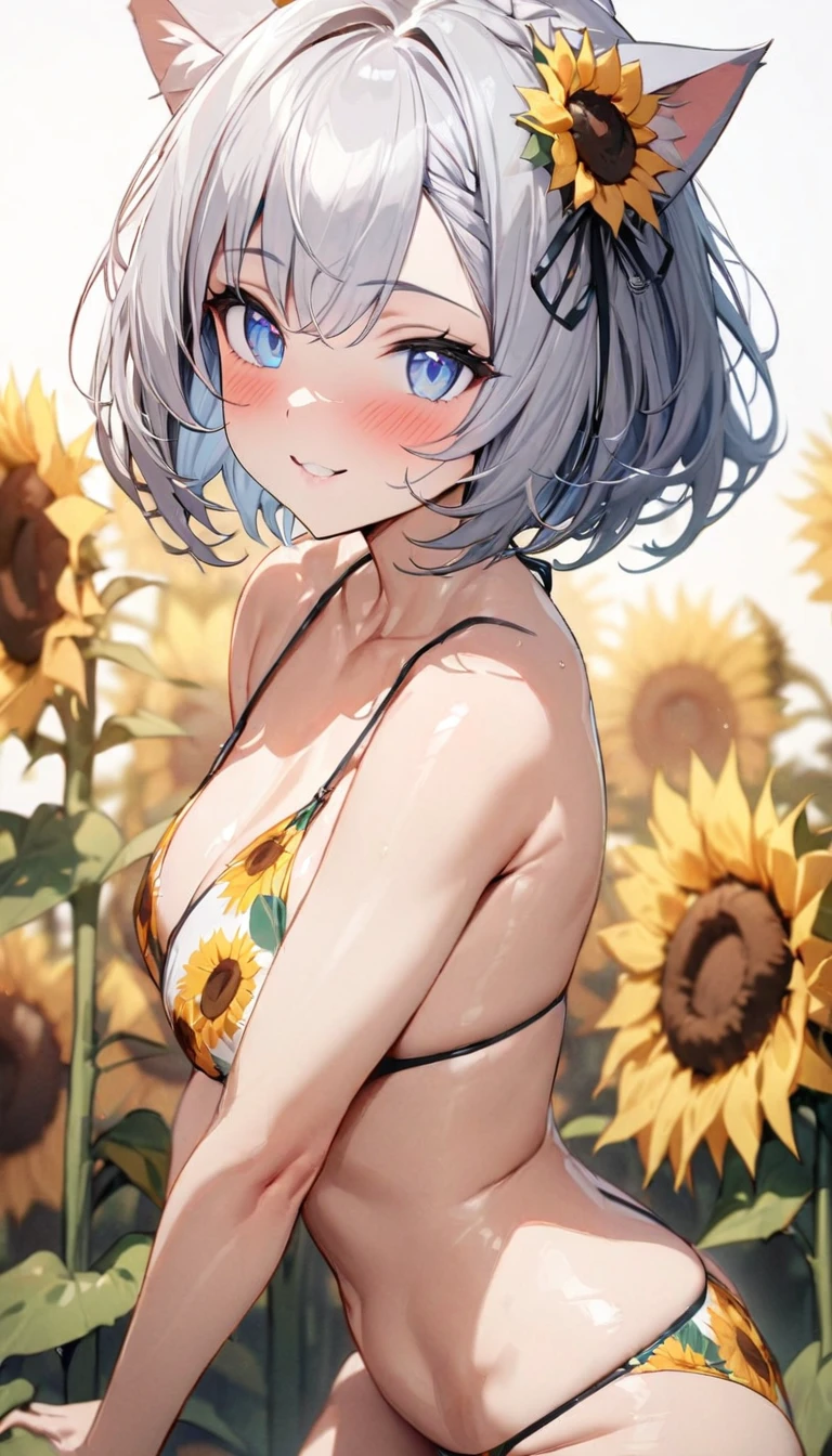 (((best quality)), ((masterpiece)), (details), masterpiece, best quality, high quality, ulutra detailed, perfect face, ((1girl, blue eyes, cat ears: 1.3 silver bob hair: 2.5,)) 、Shiny Hair、Glowing Skin、blush、Lustful look、smile、Sunflower print bikini、Sunflower hair accessory、Sunflower field background、whole body、Sexy pose