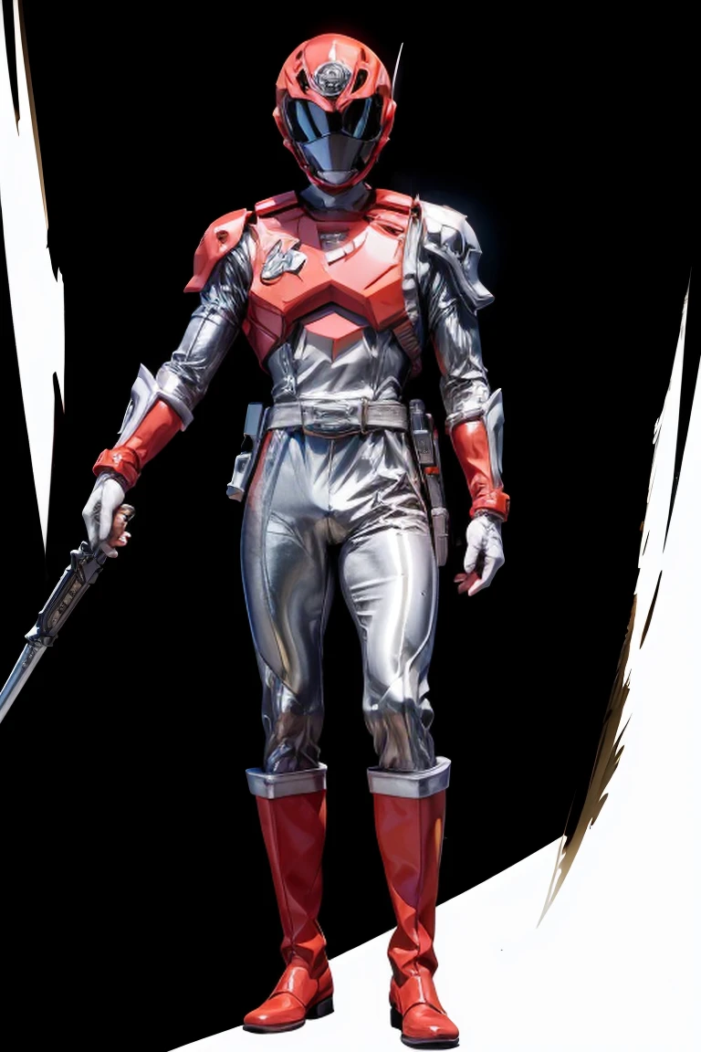 1boy, white, full body, Illustration, cinematic light, high resolution, best quality, ultra detailed, masterpiece, power suit, powerranger, suit, spd, (silver royal guard ranger suit), gold detail, holding white pistol,