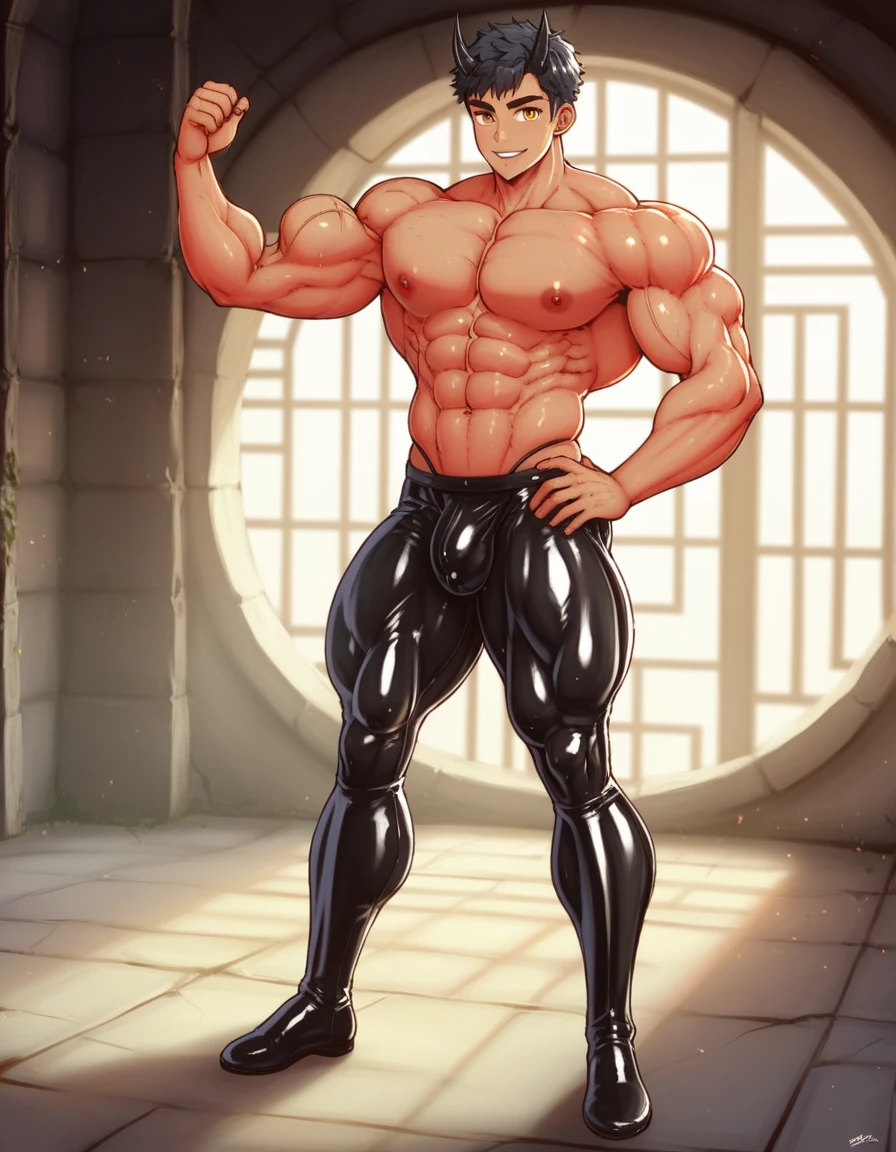 absurdres, highres, ultra detailed, HDR, masterpiece, Ren Zotto, vtuber, black hair, expressive red eyes, demon, black horns, 1man, handsome, black leather jacket, inside a dungeon, cave. A  (Young face) 15 y years old) very attratanding, full body. Mexican ethnicity. tanned skin, short hair bangs that fall on both sides of his youthful face. carefree expression, young man, alone, marked muscles, beautiful musculature, aesthetic stretch marks, inspiring physique, slender muscles, square pecs, beautiful V-cone, excellent abs and torso, chiseled abs, pectorals chiseled, perfect massive muscles, inflated muscles, voluminous pectorals, massive muscular body, a huge gigantic chest with a narrow waist, huge shoulders, ridiculously well-shaped large pecs, eight chiseled abs, (very toned and huge) with his military haircut and voluminous neck, narrow waist, golden eyes, young face, beautiful, young. Teen muscular young bodybuilder withraordinary and firm back, chiseled muscles, rhomboid muscles, latissimus dorsi. Gigachad. He wears a latex thong. (Bare torso) bulge chest. Shirtless, Topless, prominent abs and pectorals. Big bulge in the crotch. His muscles stand out. Ruins of greek temple background. Standing, full body. (((black latex thong))) (((Muscular torso.))) 
