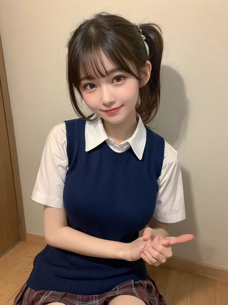 masutepiece、Best Quality、Illustration、 ultra-detailliert、hight resolution、8K Wallpapers、Perfect dynamic composition,、Beautiful detailed eyes、Natural Color Lip、Bold sexy poses、Smile、Harajuku、20 years girl、Cute、Sexy shot looking at camera、(top-quality: 1.3), (masterpiece: 1.3), (Super Detail: 1.3), (wall-paper, one girls: 1.1), (Detailed hands and fingers:1.2)、(Detailed ultra-oily shiny skin:1.1)、oily shiny thighhigh、(Perfect High School Girl Uniform:1.3)、Short sleeve Y-shirt、(Navy Blue Sleeveless Sweater Vest:1.2)、(Beautiful Large Breasts:1.3)、(Red checked miniskirt:1.2)、Sitting with open legs、Brown hair、Shorthair、poneyTail、Beautiful sister、Childhood Friend's Boy's Room、sitting down on the floor