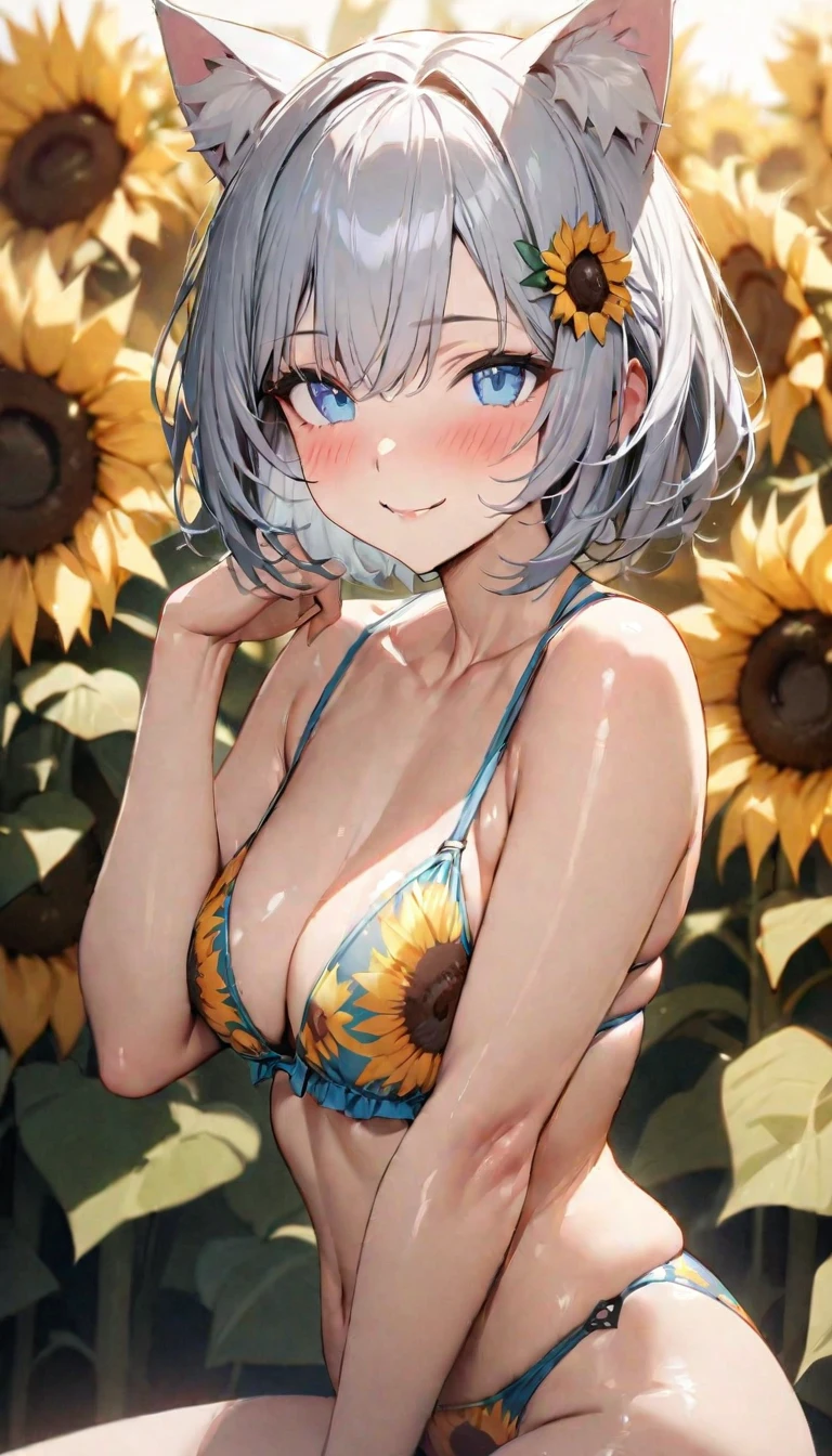 (((best quality)), ((masterpiece)), (details), masterpiece, best quality, high quality, ulutra detailed, perfect face, ((1girl, blue eyes, cat ears: 1.3 silver bob hair: 2.5,)) 、Shiny Hair、Glowing Skin、blush、Lustful look、smile、Sunflower print bikini、Sunflower hair accessory、Sunflower field background、whole body、Sexy pose