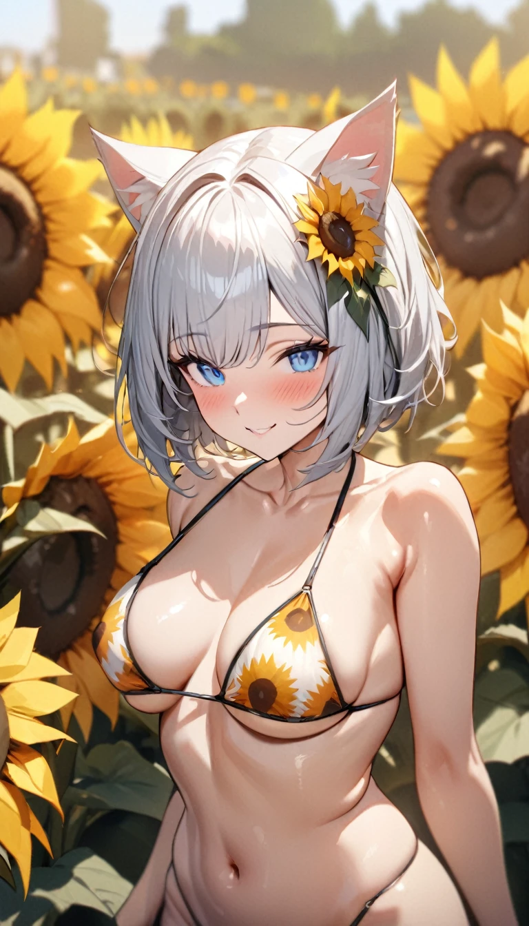 (((best quality)), ((masterpiece)), (details), masterpiece, best quality, high quality, ulutra detailed, perfect face, ((1girl, blue eyes, cat ears: 1.3 silver bob hair: 2.5,)) 、Shiny Hair、Glowing Skin、blush、Lustful look、smile、Sunflower print bikini、Sunflower hair accessory、Sunflower field background、whole body、Sexy pose