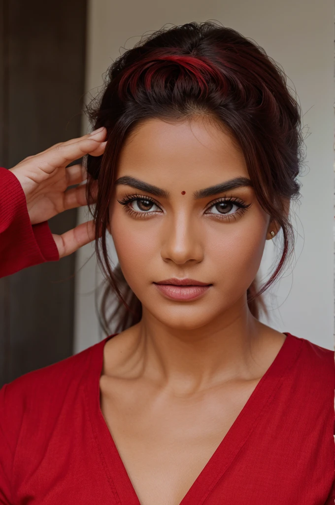 craft a hyper realistic vertical photo of Indian most attractive serious woman in her 20s in panty, trending on attestation, portrait, digital art, modern, sleek, highly detailed, formal, serious, determined, CEO, colorized, smooth, charming, pretty, soft smile, soft lips, black eyes, Trendsetter wolf cut brown hair, Big brest nipple nice clevage seductive poses red lips full body front face
