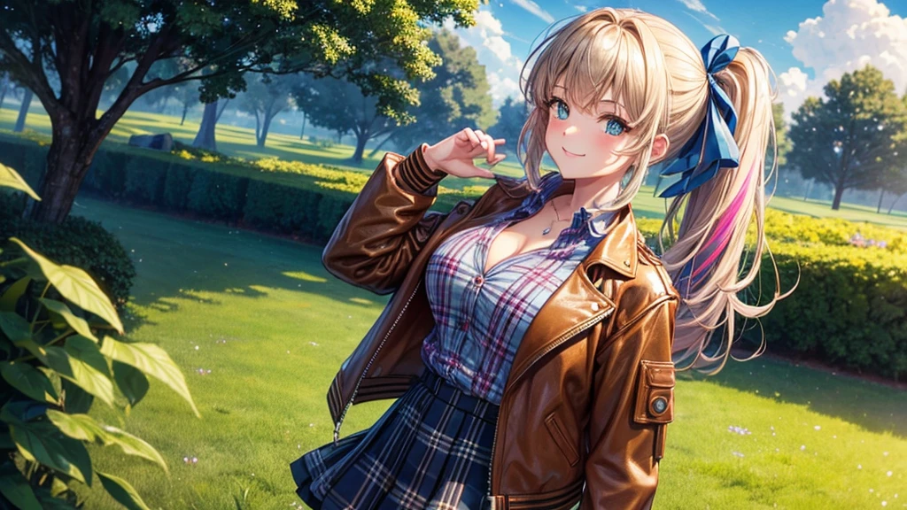 1girl, solo, ((full body)), summer, village, trees, sun, clouds, ((colorful hair)), side ponytail, large breasts, ((brown leather jacket)), button down shirt, ((blue checked shirt)), ((unbuttoned shirt)), unbuttoning buttons, cleavage 1:3 green eyes, grey skirt, smile, happy, looking at the viewer, standing, hair ribbon, golden necklate
