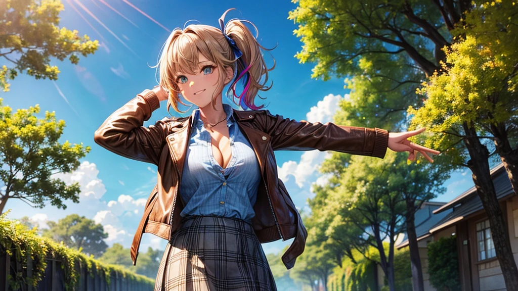 1girl, solo, ((full body)), summer, village, trees, sun, clouds, ((colorful hair)), side ponytail, large breasts, ((brown leather jacket)), button down shirt, ((blue checked shirt)), ((unbuttoned shirt)), unbuttoning buttons, cleavage 1:3 green eyes, grey skirt, smile, happy, looking at the viewer, standing, hair ribbon, golden necklate