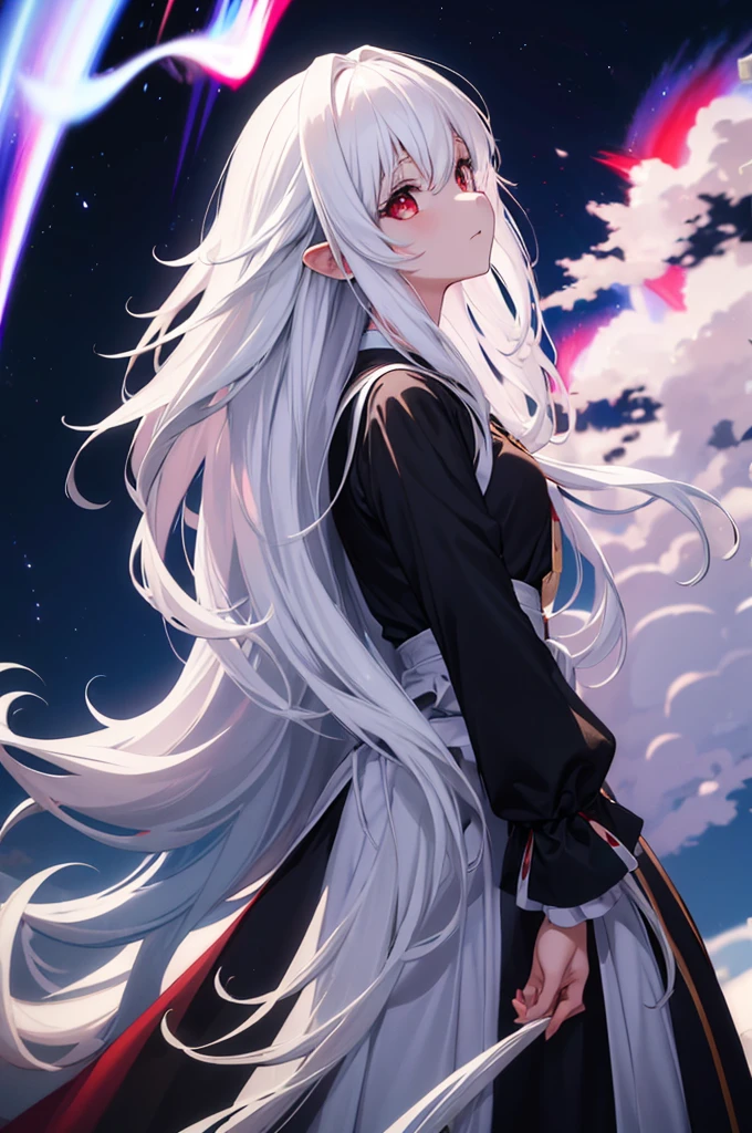(masterpiece:1.3), (best quality:1.1), (8k, ultra detailed, ultra high res:1.2), ((anime style)), perfect 5 fingers, perfect anatomy,
1girl,
BREAK long hair, (white hair:1.2),
red eyes, dress, (Auroral dress:1.4),
(looking up:1.2), shoot from side,
upper body,
standing,
black background,