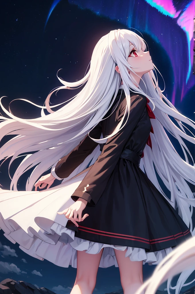 (masterpiece:1.3), (best quality:1.1), (8k, ultra detailed, ultra high res:1.2), ((anime style)), perfect 5 fingers, perfect anatomy,
1girl,
BREAK long hair, (white hair:1.2),
red eyes, dress, (Auroral dress:1.4),
(looking up:1.2), shoot from side,
upper body,
standing,
black background,