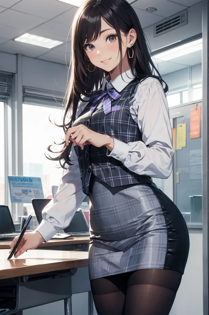 (Best Quality, Masterpiece),Wearing a pink plaid vest, White short sleeved shirt, Gray pencil skirt, Wear stiletto heels, Necklace, earrings, Cute face, Smile, Blushing, Shyness, Glass wall, Ultra Detail, Realistic, Front view, Whole body, stunning, cute, warm smile, hourglass figure, apron, text, chart, advertising, magazine title(Best Quality, Masterpiece), Mag((((1ladyl,)))) (masterpiece), (realistic), (best quality), (ultra-detailed), (wearing in [[white and gray check pattern]] Vest worn over white collared long-sleeved shirt:1.4), (gray vest with buttons:1.2), (Pink Theme:1.2), (blue ribbon ribbon:1.3), (Black theme:1.4), (Tight black pencil skirt:1.5), ((Brown pantyhose)), (high-heels:1.1),longskirt,office desk, office chair,Lulubre Unity 8K Wallpaper, pantyshot, long brown hair, office lady Magazine Cover, 1girl,  amazing, girl, 30 years old, house wiife, warm smile, hourglass figure, text, chart, advertising, magazine title